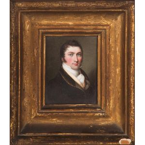 A Regency portrait miniature on porcelain of a young man, 8.5 x…
