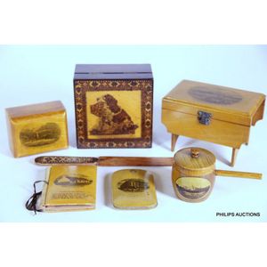 Five Mauchline wares and two Tunbridgeware items, 19th century,…
