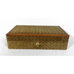 A timber & suede jewellery box, tan geometric pattern suede…