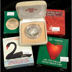 Five Australia $10 silver proof coins 1988 to 1992 inclusive.