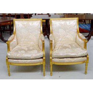 Leather Bergere Chair, Louis XV Parcel-Gilt and Polychromed Carved Frame «  The Hudson Merchantile