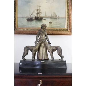 Bronze figure of woman with borsois, after Chiparus, signed, 66…