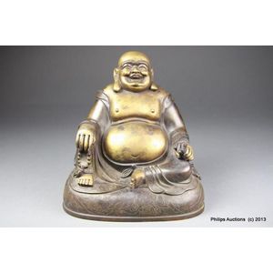 Bronze Laughing Buddha with Money Bag and Prayer Beads - Bronze - Oriental