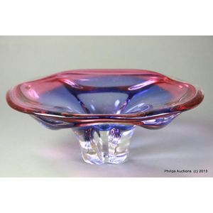 A blue and pink glass comport in the manner of Chribska, later…