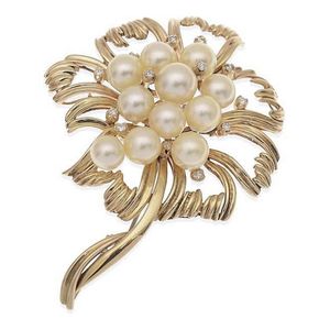 Round Cut 1.50Ct Simulated Diamond & Pearl Brooch Pin 14K Yellow Gold Plated