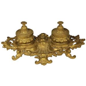 Bronze gilded inkwell desk set in the Roccoco style. Length- 32…