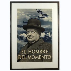 A World War II period poster of Churchill, with Spanish text…