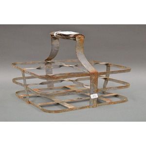 Vintage French gal metal four bottle milk basket