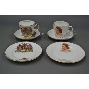 Two vintage commemorative cups, saucers and plates, Queen…