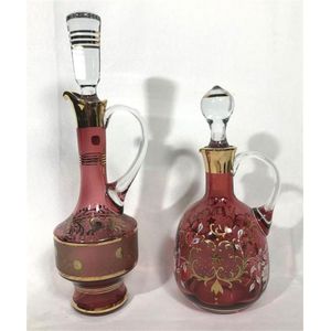 Cranberry Glass Stemmed Snifters Hand Painted Antique Gold Embellished Czech set of 6