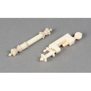 Antique ivory sewing clamp and ivory needle case with carved…