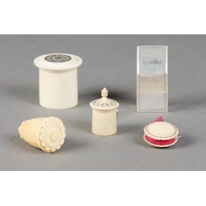 Antique sewing equipment: ivory tape measure, pin cushion,…