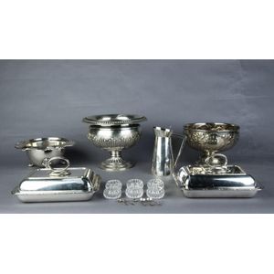 Silver plated fruit bowls (2); champagne cooler; water jug;…