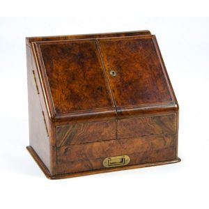Desk compendium: antique burr walnut slope front box with 2…