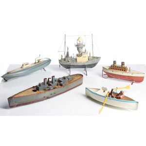 Five vintage tinplate marine models, including a Lehmann…