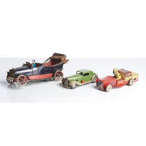 Three tinplate clockwork toy cars, early 20th century,…