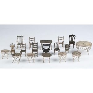 Miniature dolls house furniture in silver and silver plate;…