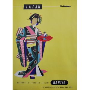 1950s Qantas 'Japan' travel poster. Woman in Kimono.…