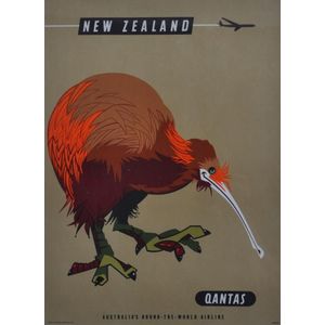 1960s Qantas 'New Zealand' travel poster. Kiwi. Lithograph. 48…