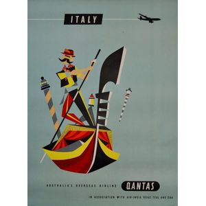 1960s Qantas 'Italy' travel poster. Gondolier. Lithograph. 101…