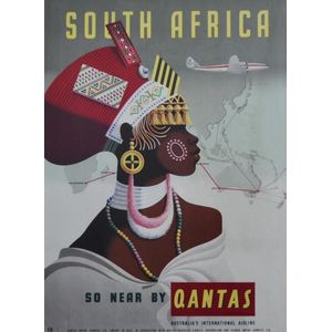 1050s Qantas 'South Africa' travel poster. Zulu woman. 'So near…