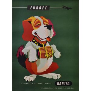 1960s Qantas 'Europe' travel poster. St. Bernard dog.…