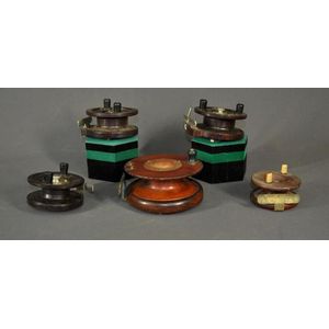 Five various early fishingreels, including 2 wooden&hellip;