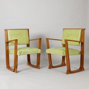 A pair of Art Deco bentwood chairs, green vinyl upholstery,…