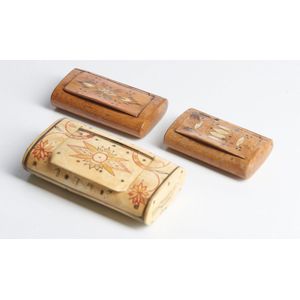 Three Polycrhome decorated snuff boxes, 19th century, two…