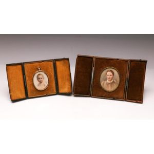 Framed miniature portraits on ivory, one in .375 gold frame…