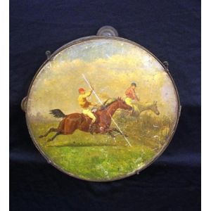 Antique Russian tambourine with horse painted decoration, 34 cm…