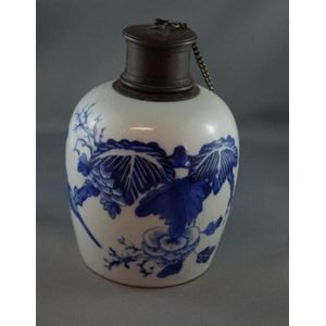 Chinese blue & white tea caddy with metal lid, plus one other