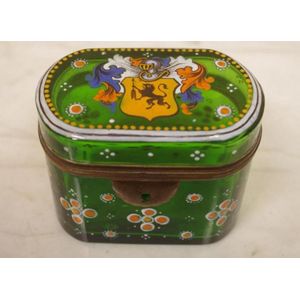 Antique French glass trinket box with hand painted decoration,…
