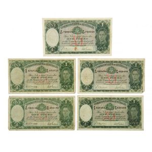 Five Australian 1 pound notes. P9-329266, P16-689496 &…