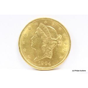 A 1904 $20 American Liberty head gold coin. 21.6ct, 900 fine…