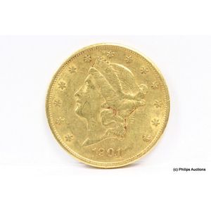 A 1901 $20 American Liberty head gold coin. 21.6ct, 900 fine…