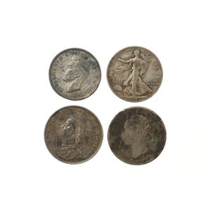 Four world silver coins, 2 British crowns, 1881 & 1888, a US…