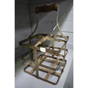 Antique French strap metal four bottle basket, 33 cm high