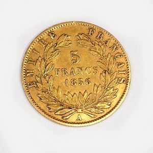An 1856 French five franc gold coin, Napoleon III, 0.900 fine…