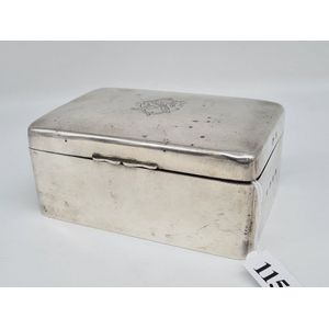 English sterling silver cigarette box, with etched amorial to…
