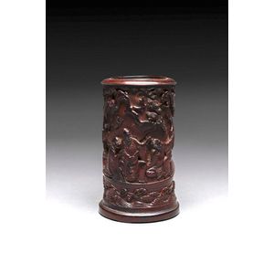 Bamboo brush pot decorated with carved plants and a poem in low relief,  19th century-20th century 