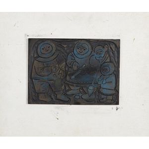 A linocut plate, hand carved into lino. Depicting four Inuite…