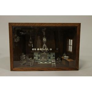 A European silver doll's living room with silver furniture in…