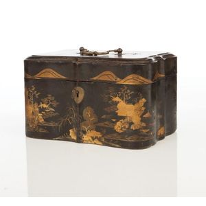 A Chinese export lacquer tea caddy of shaped form with…