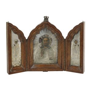 A Russian travelling triptych icon with silver oklad, 'CR',…