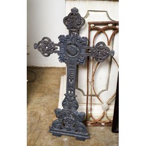 A 19th century French cast iron crucifix, decorative motif, 85…