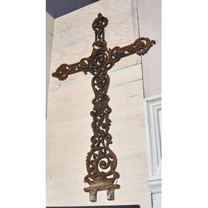 A French cast iron crucifix, green paint, decorative features,…