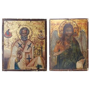 Two Russian icon on panels, St Nicholas and St John the Baptist,…