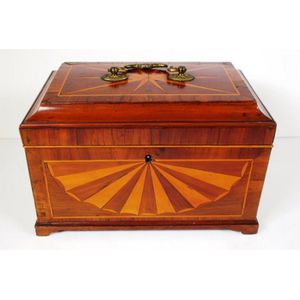 George III tea caddy, of various woods with satinwood sunburst…