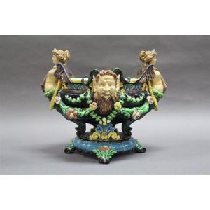 Antique Hugo Lonitz majolica jardiniere, female terms and Pan&hellip;